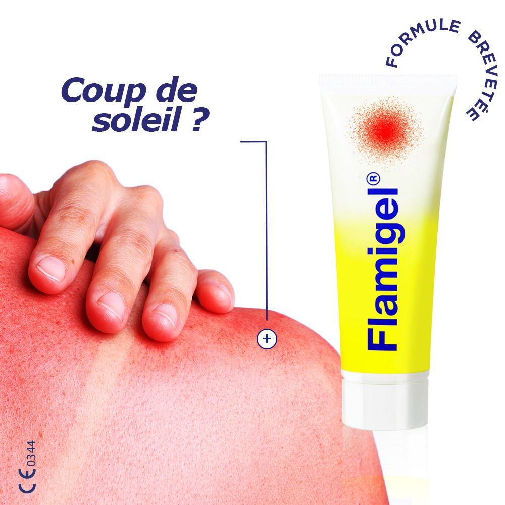 Tube Flamigel, jaune et blanc, point rouge. Épaule avec coup de soleil.