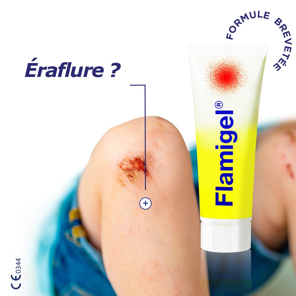 Tube Flamigel, jaune et blanc, point rouge. Genou avec écorchure.