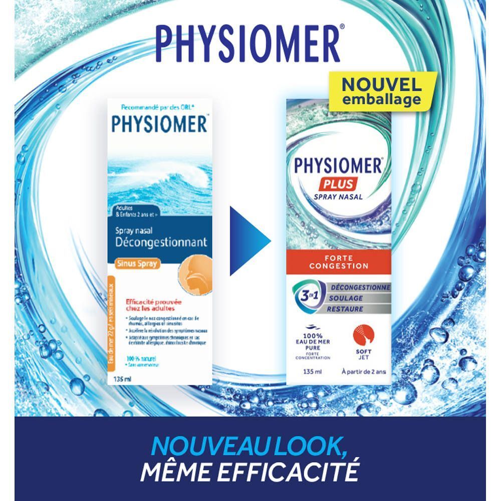 Comparaison des anciens et nouveaux emballages du spray nasal Physiomer.