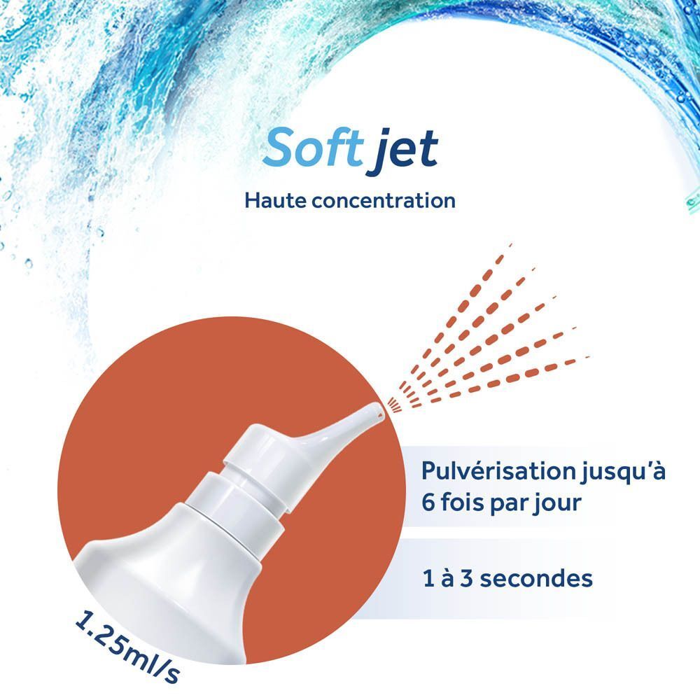 Gros plan de l'embout d'un spray nasal Physiomer, montrant le jet.