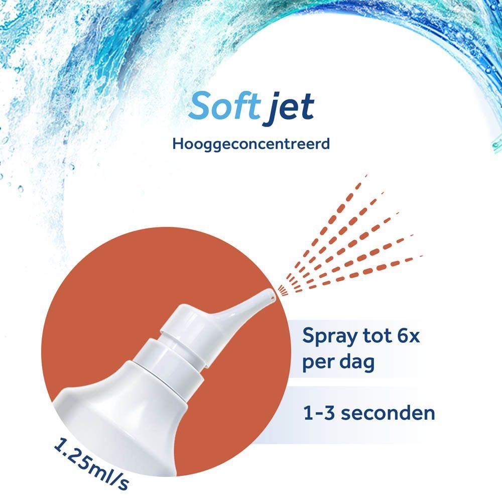 Close-up van de spraytip van een Physiomer neusspray met spraystraal.