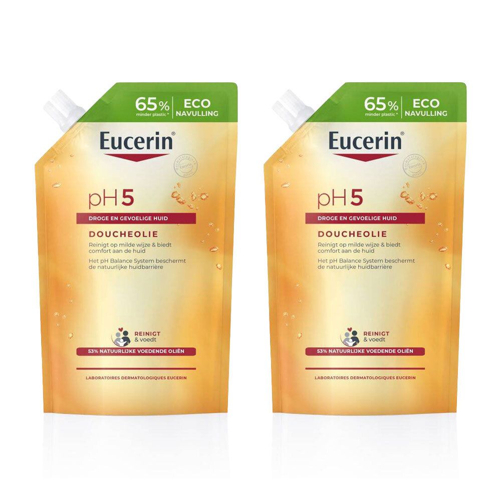 Twee Eucerin pH5 Doucheolie navulverpakkingen. Gele zakken met groene accenten. Tekst: pH5, voor de droge, gevoelige huid. 65% Eco.