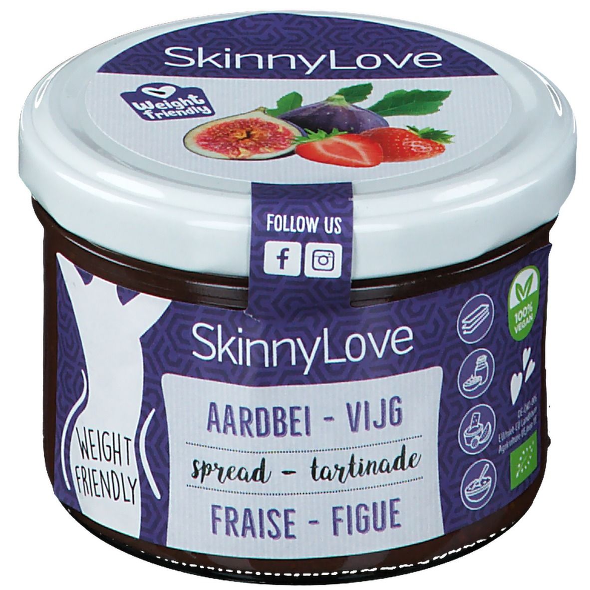 Pot SkinnyLove. Deksel met afbeelding van vijg en aardbei. Opschrift: Aardbei - Vijg, Fraise - Figue. Label Weight Friendly.
