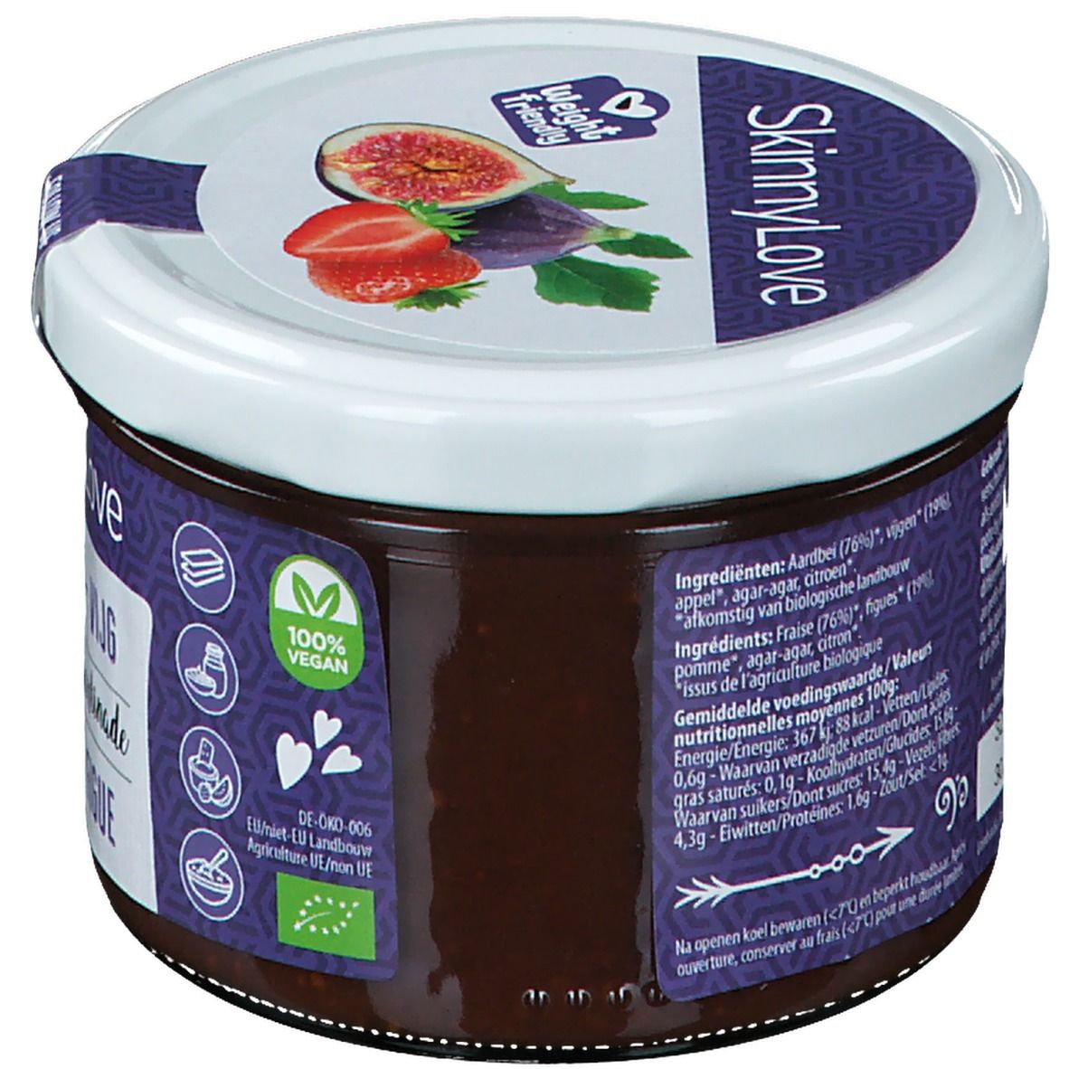 Pot SkinnyLove. Achterkant met ingrediëntenlijst en voedingswaarde. Vegan-label. Opschrift: SkinnyLove.