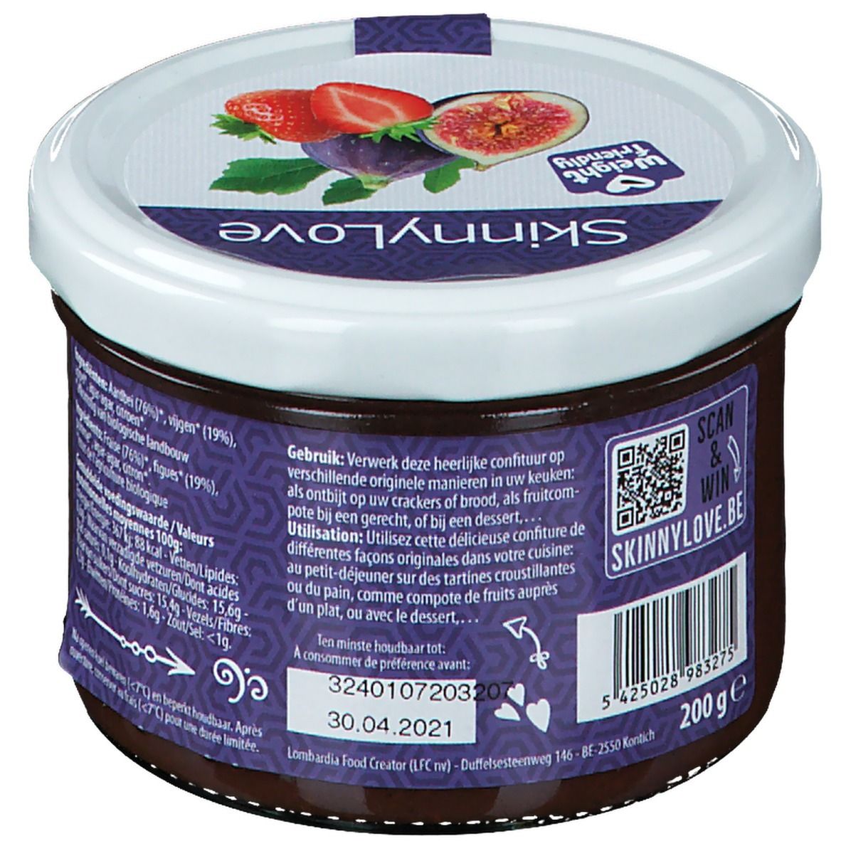 Pot SkinnyLove. Achterkant met gebruiksaanwijzing en houdbaarheidsdatum. Opschrift: SkinnyLove. 200g.