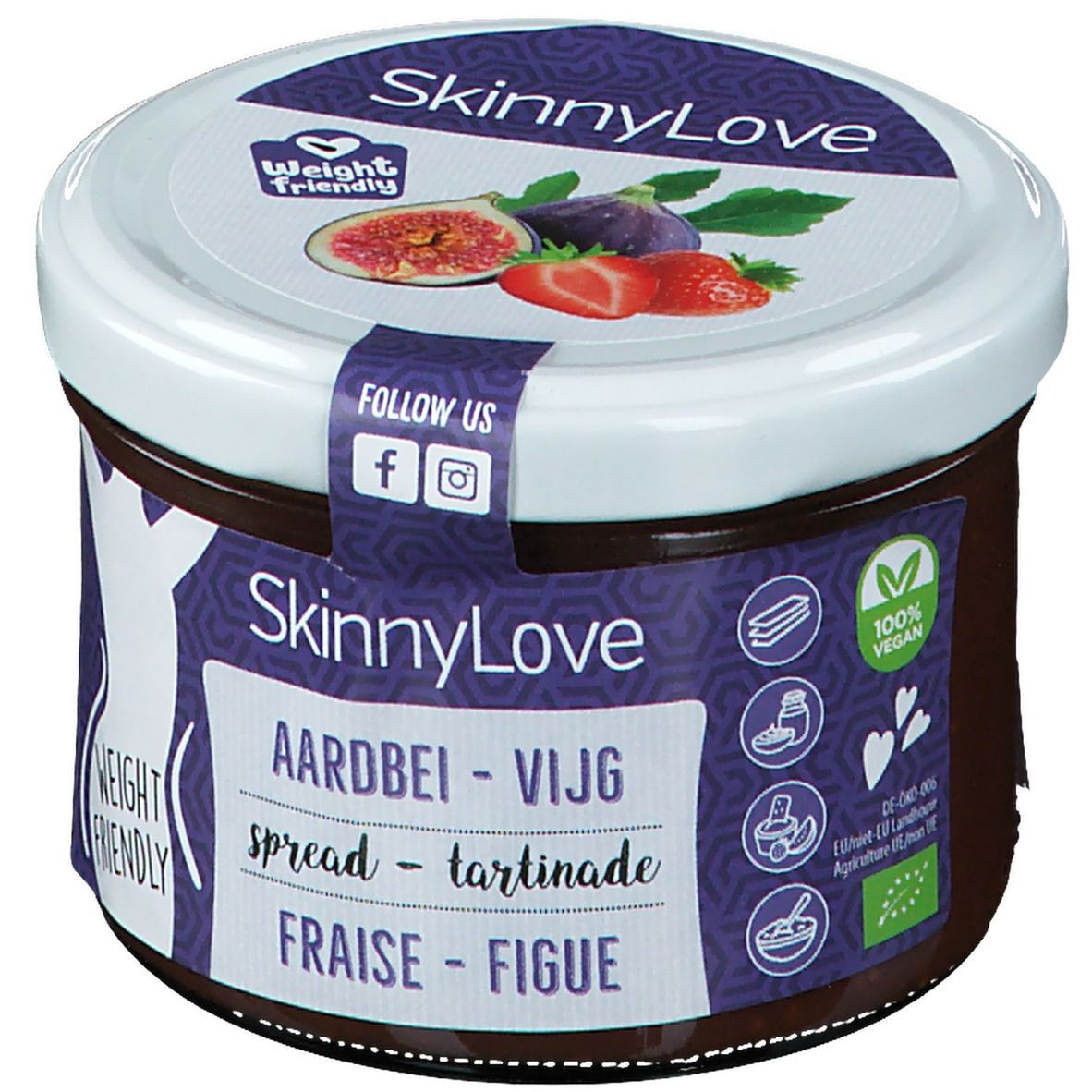 Pot SkinnyLove. Deksel met vijg en aardbei. Opschrift: Aardbei - Vijg, Fraise - Figue. Vegan-label.