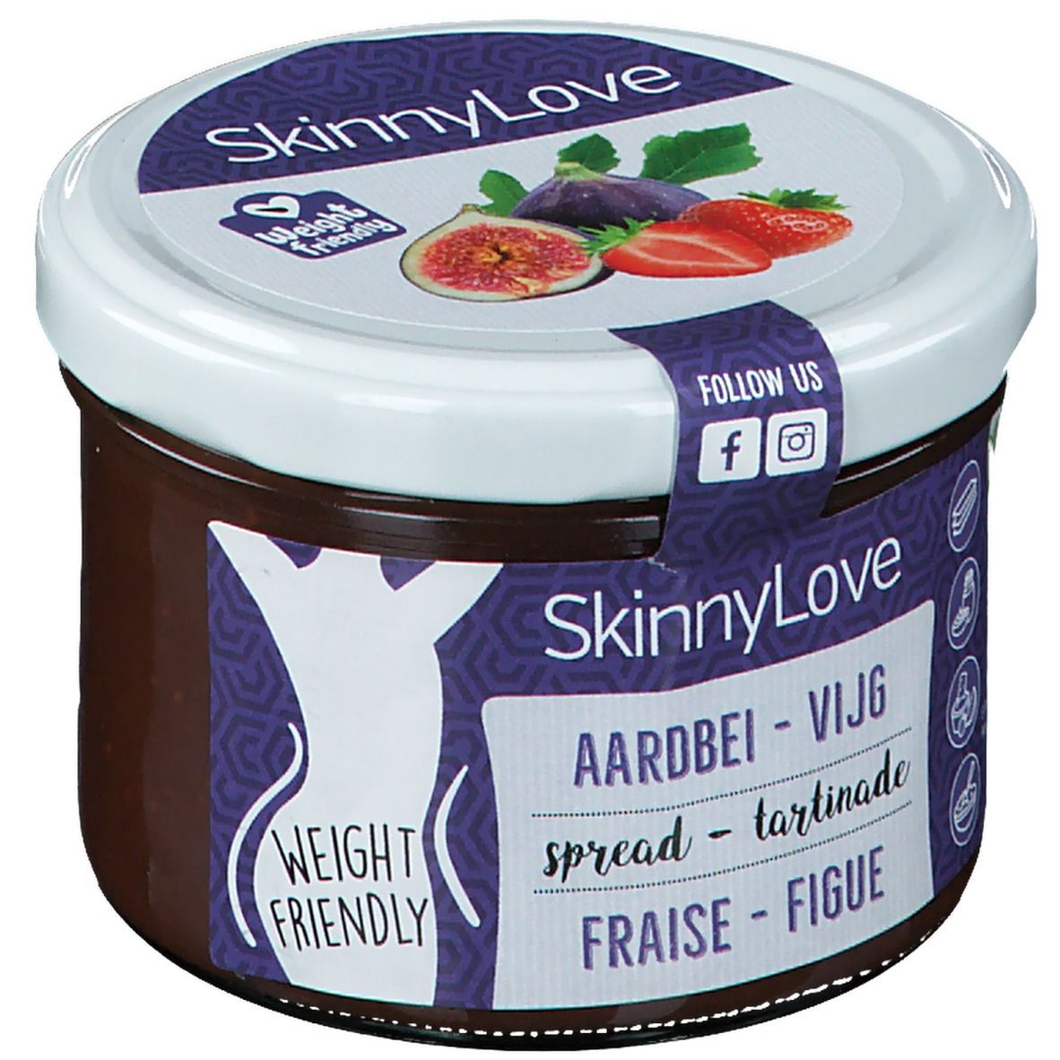Pot SkinnyLove. Deksel met vijg en aardbei. Opschrift: Aardbei - Vijg, Fraise - Figue. Label Weight Friendly.