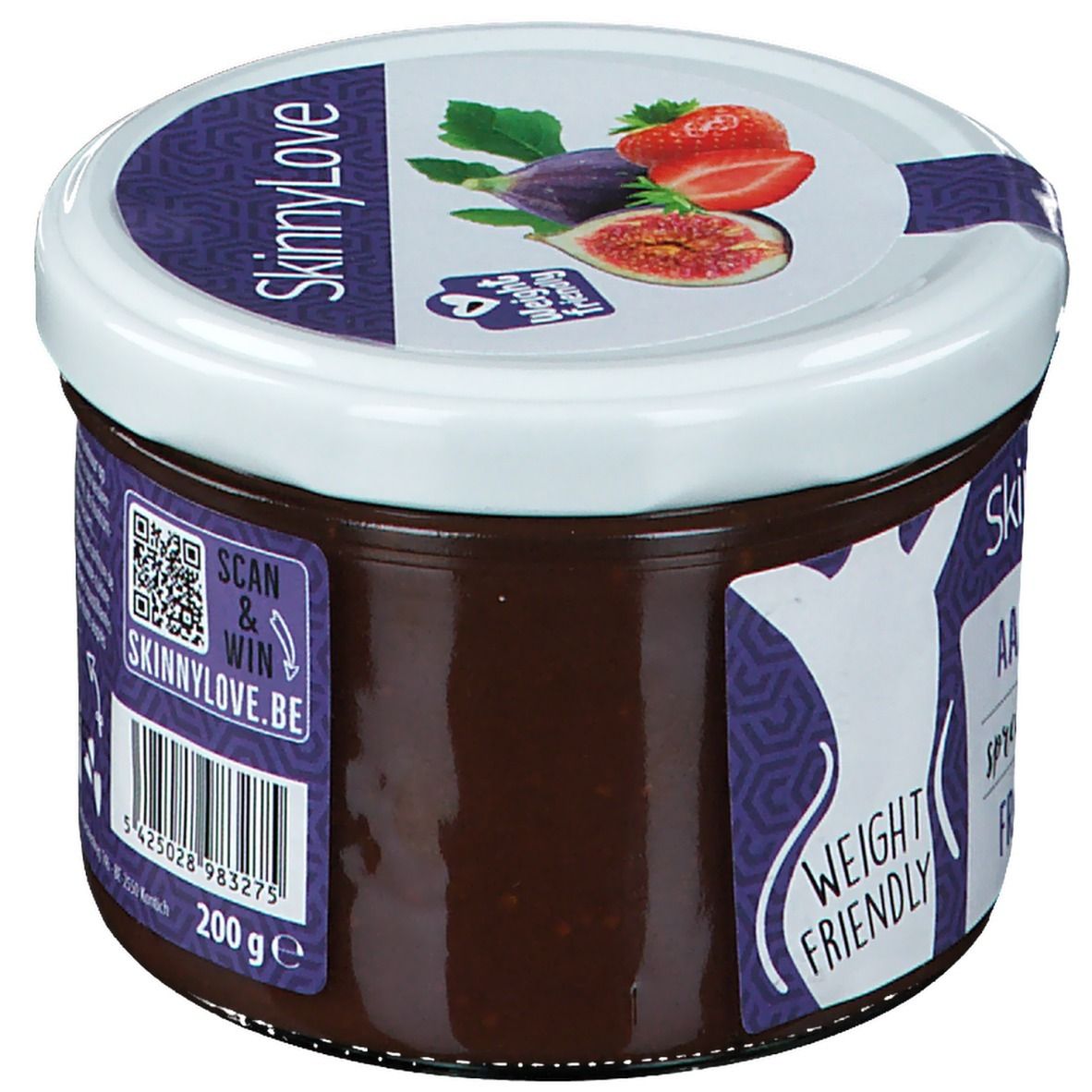 Pot SkinnyLove. Achterkant met QR-code en barcode. Opschrift: SkinnyLove. 200g. Label Weight Friendly.