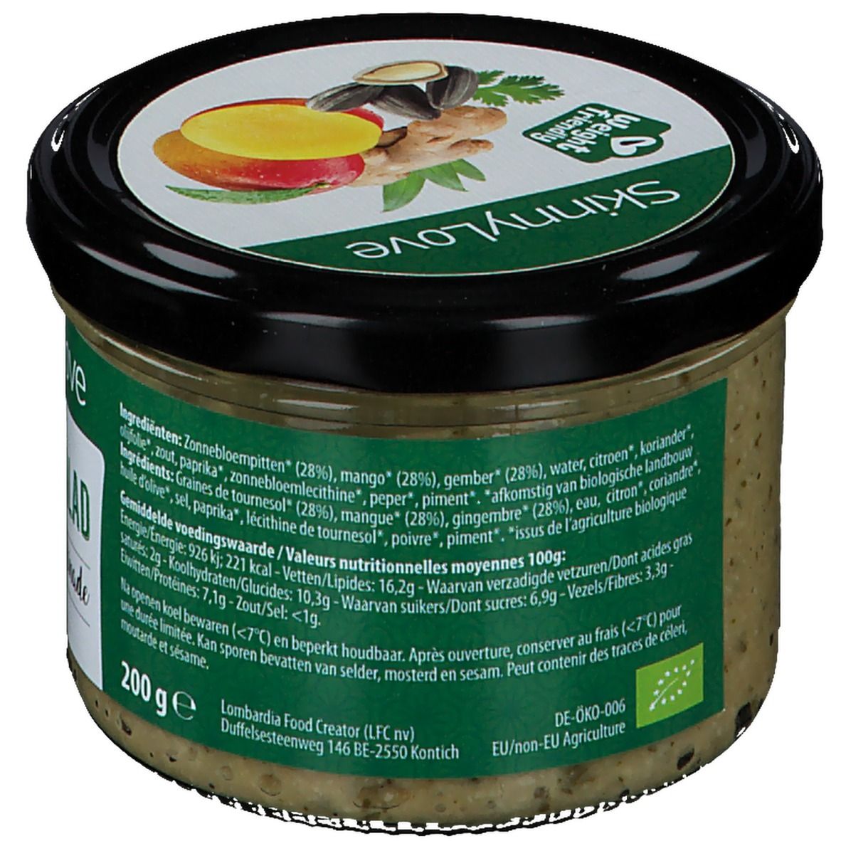 Pot SkinnyLove Sunny Salad Spread. Achterkant met ingrediëntenlijst en voedingswaarde. Biologische certificering. Gewicht: 200g.