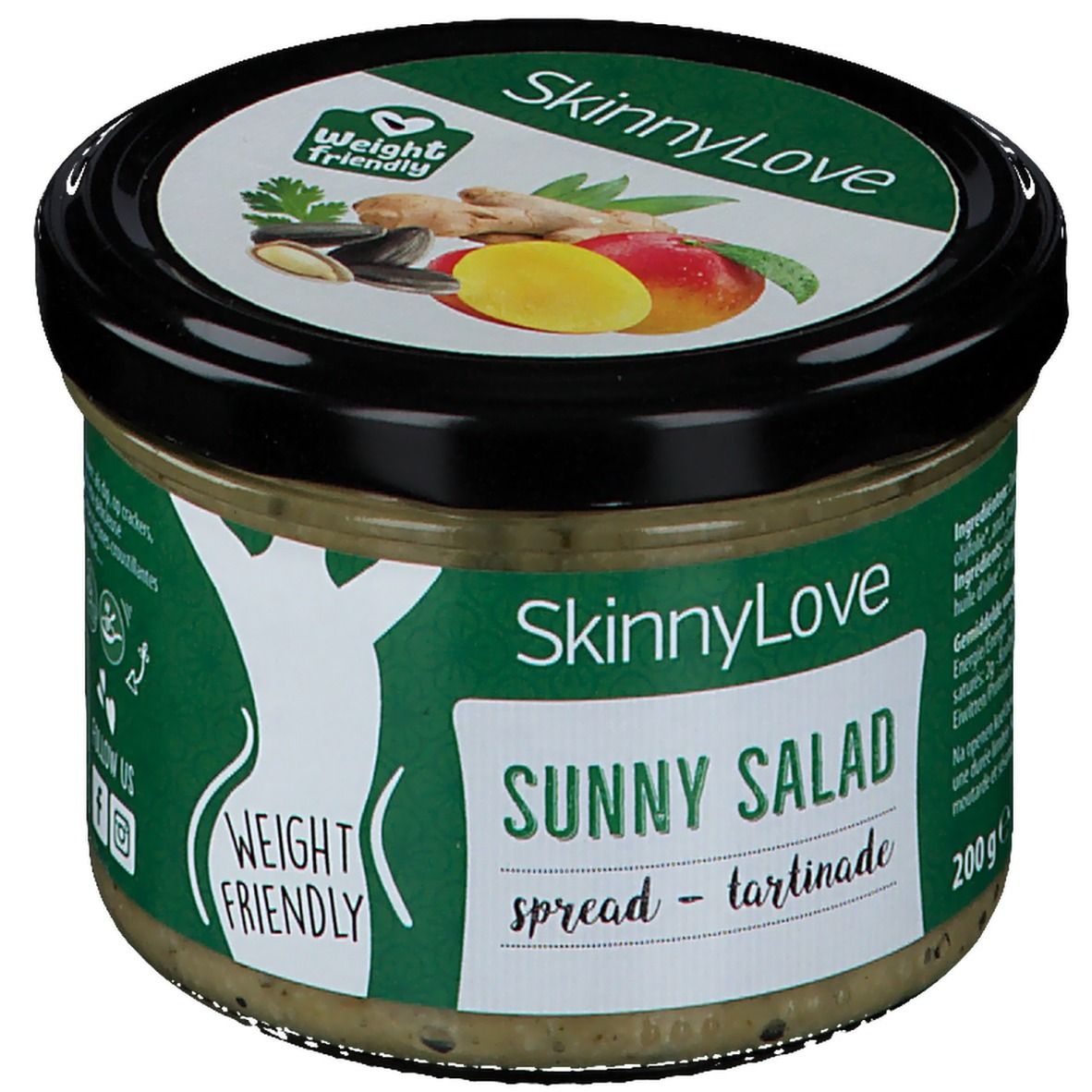 Pot SkinnyLove Sunny Salad Spread. Groen etiket met logo en productnaam. Gewicht: 200g. 'Weight Friendly' logo.