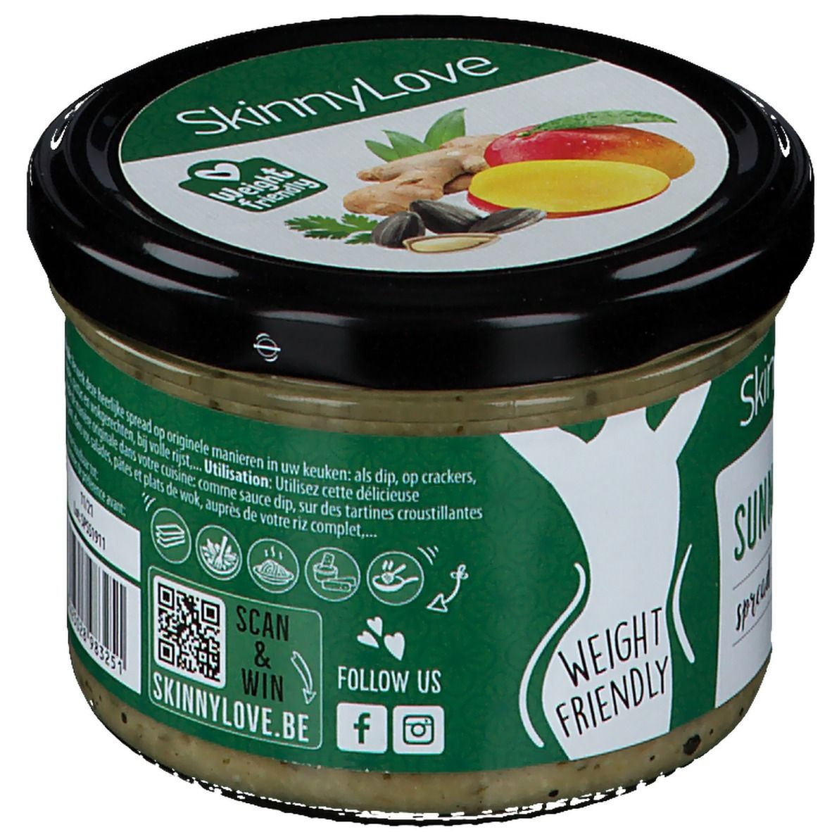 Pot SkinnyLove Sunny Salad Spread. Achterkant met gebruiksaanwijzing, QR-code en social media iconen. 'Weight Friendly' logo.