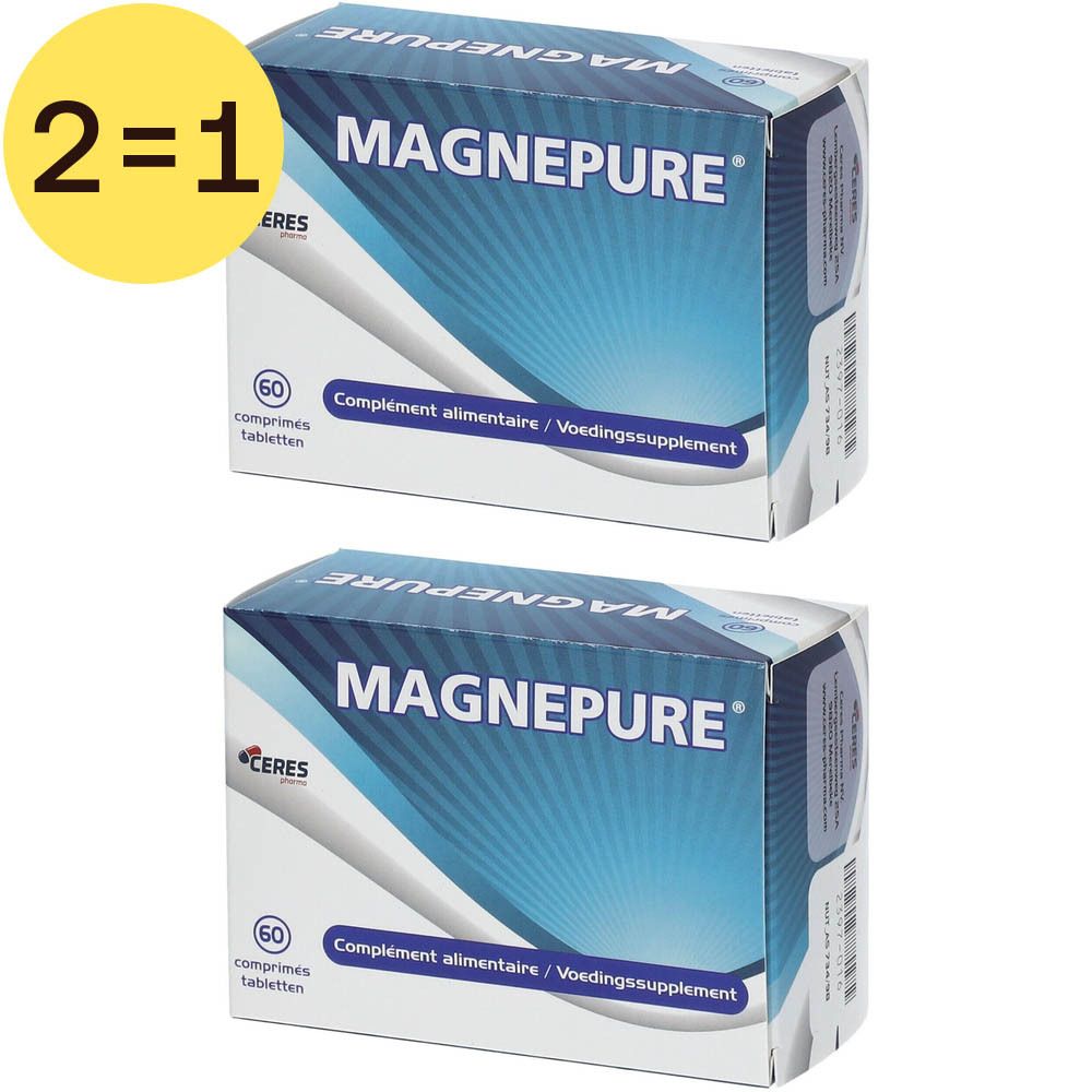 Deux boîtes de MAGNEPURE®. Chaque boîte contient 60 comprimés. L'emballage indique "Complément alimentaire / Voedingssupplement".