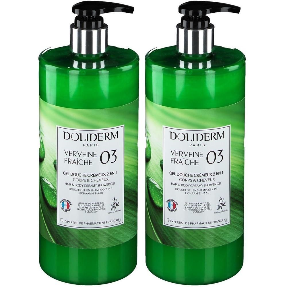 Twee groene flessen met zwarte pomp. Opschrift: DOLIDERM VERVEINE FRAICHE 03, douchegel 2 in 1 voor lichaam en haar.