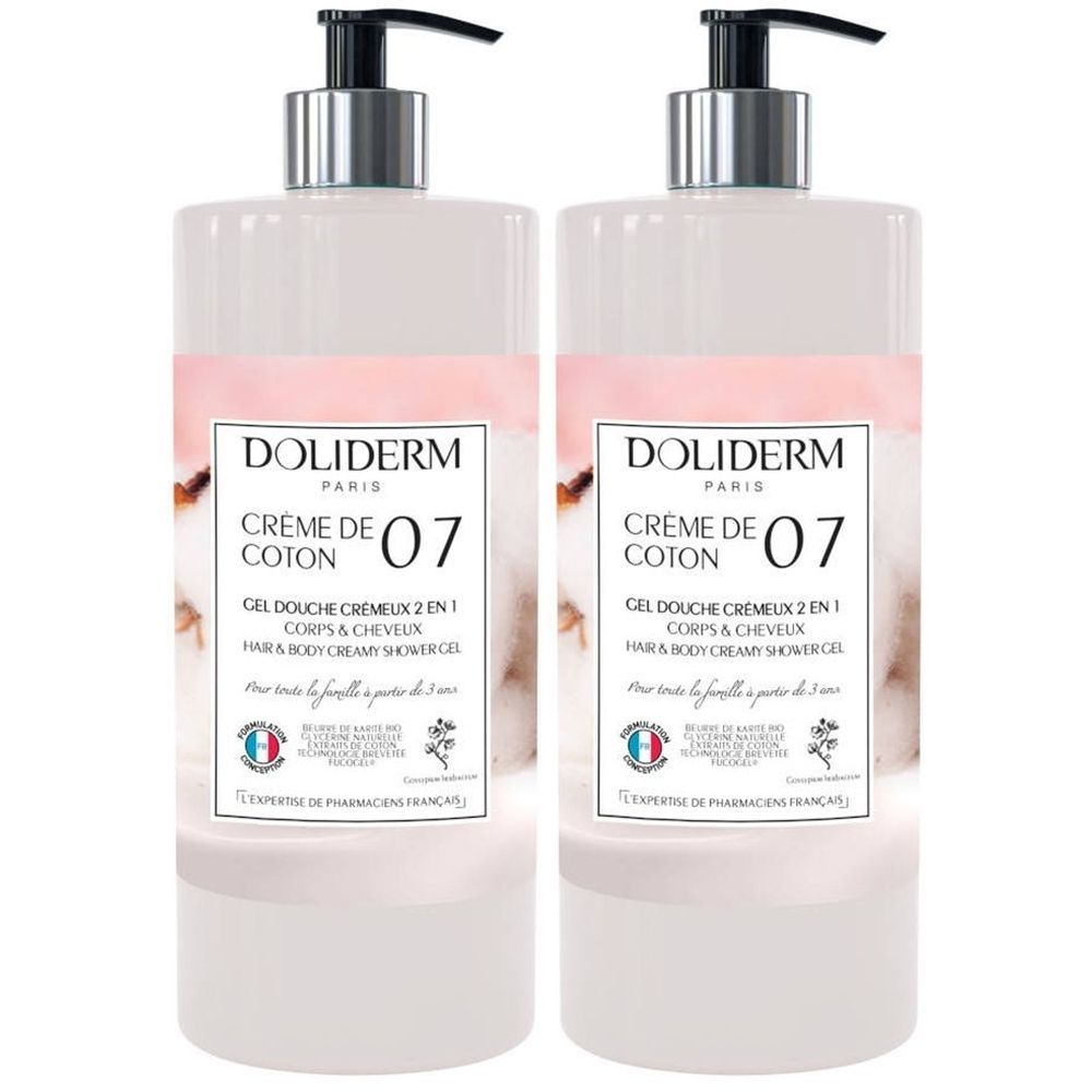 Twee flessen douchegel. Opschrift: DOLIDERM CRÈME DE COTON 07. 2 in 1 voor lichaam en haar. Met pompje.