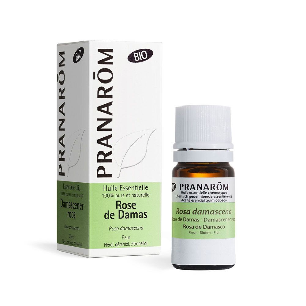 Huile essentielle Rose de Damas et emballage. Marque PRANAROM. Certification BIO.