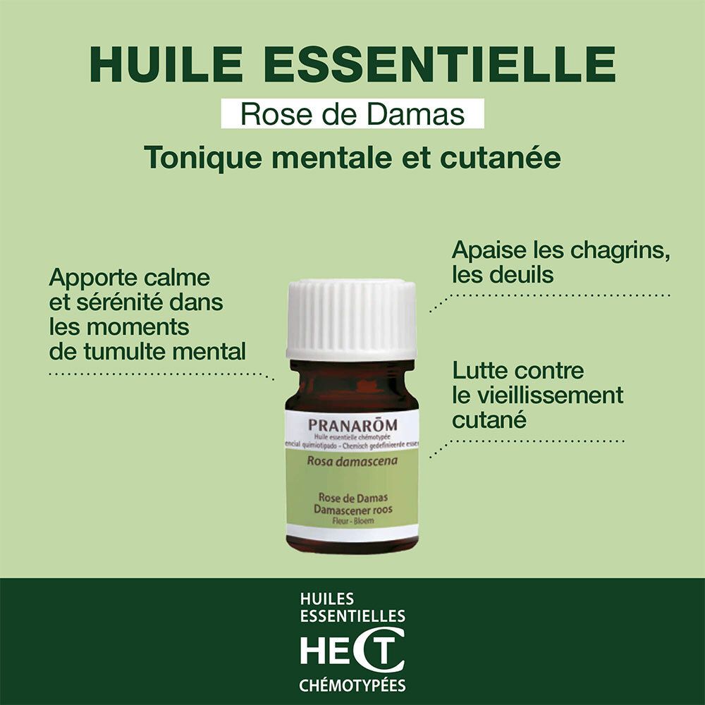 Petite bouteille d'huile essentielle Rose de Damas. Texte: Tonique mentale et cutanée.