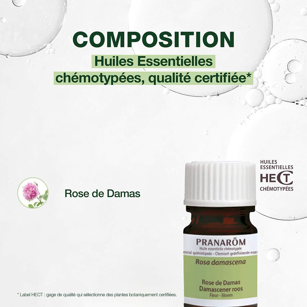 Petite bouteille d'huile essentielle Rose de Damas. Texte: Composition. Certification HECT.