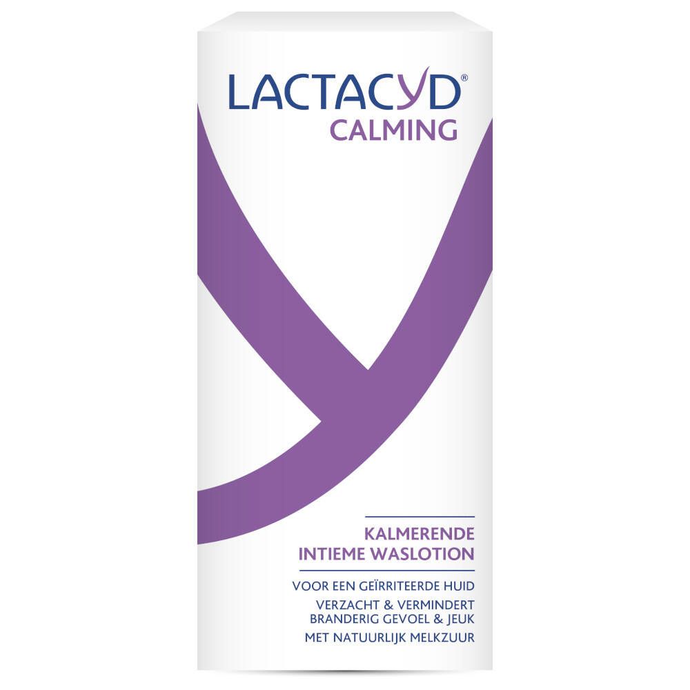 Rechthoekige verpakking met Lactacyd Calming en paars Y-symbool. Tekst: Kalmerende Intieme Waslotion. Voor geïrriteerde huid.