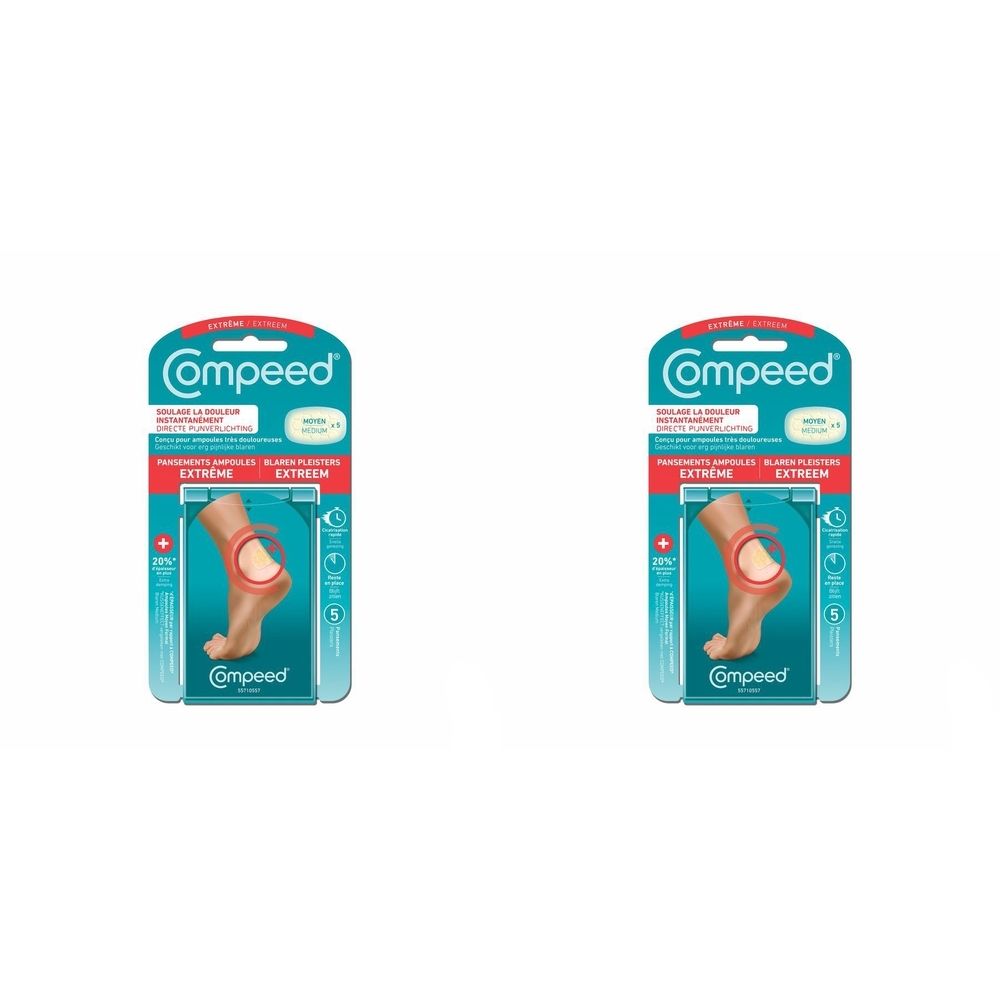 Twee blisterverpakkingen COMPEED Extreme. Elke verpakking toont een voetmodel met een rode markering. COMPEED staat bovenaan.