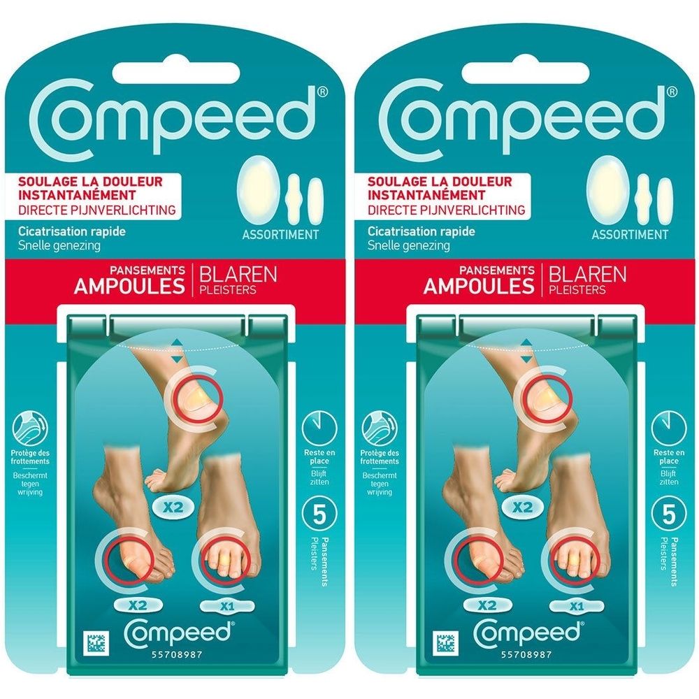Deux paquets de pansements COMPEED Ampoules. Emballage avec image du produit et nom. Contient différentes tailles de pansements.