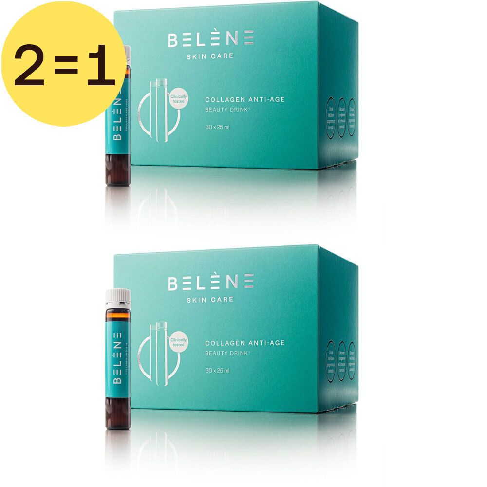 Twee turquoise dozen met "Belène Skin Care" en "Collagen Anti-Age Beauty Drink". Twee ampullen ernaast. Geel 2=1 symbool.