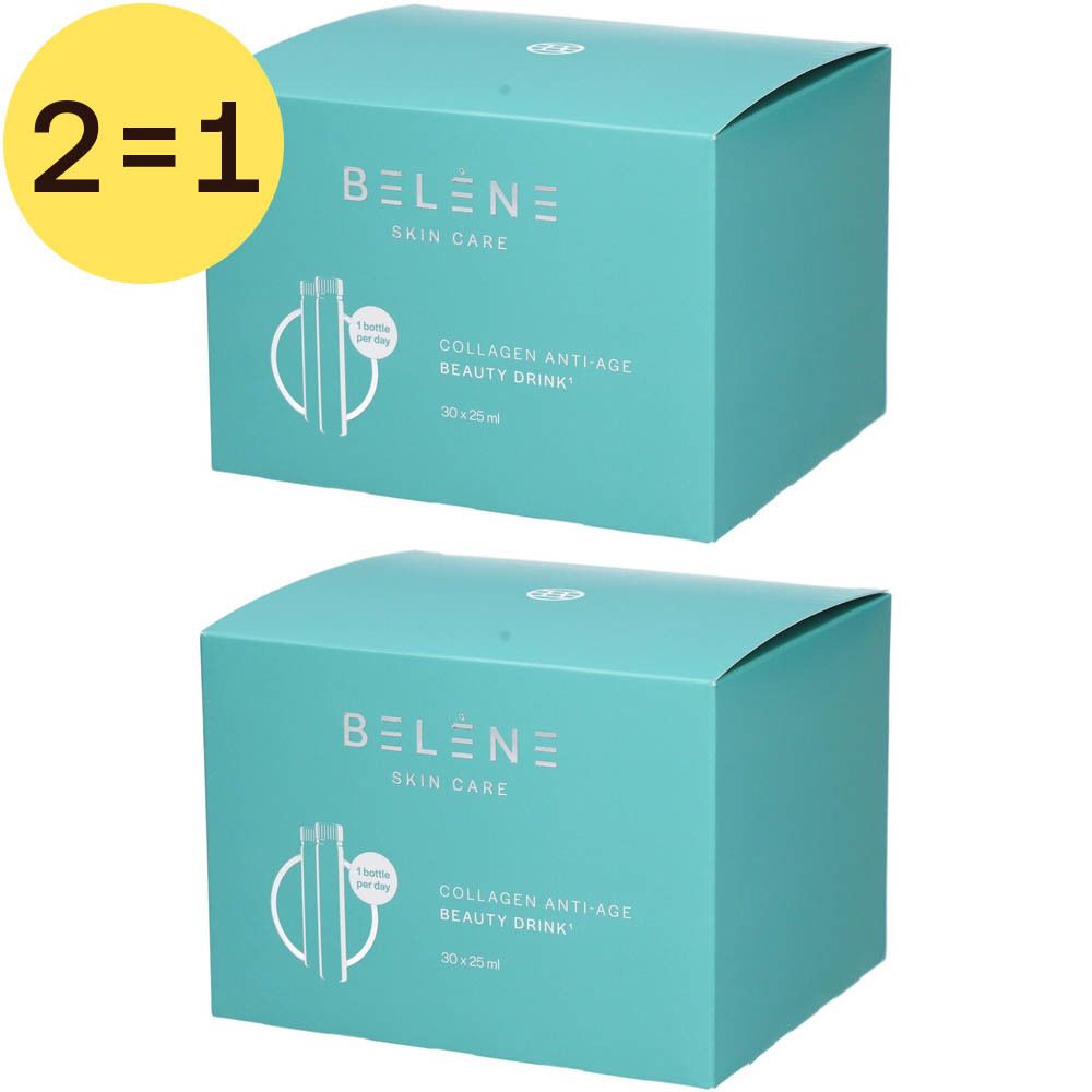 Twee turquoise dozen met "Belène Skin Care" en "Collagen Anti-Age Beauty Drink". Geel 2=1 symbool.