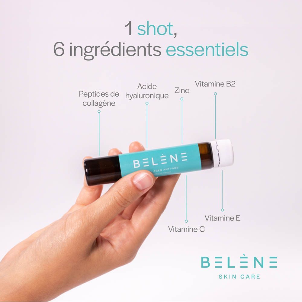 Main tenant une ampoule avec ingrédients. Texte : "1 shot, 6 ingrédients essentiels".