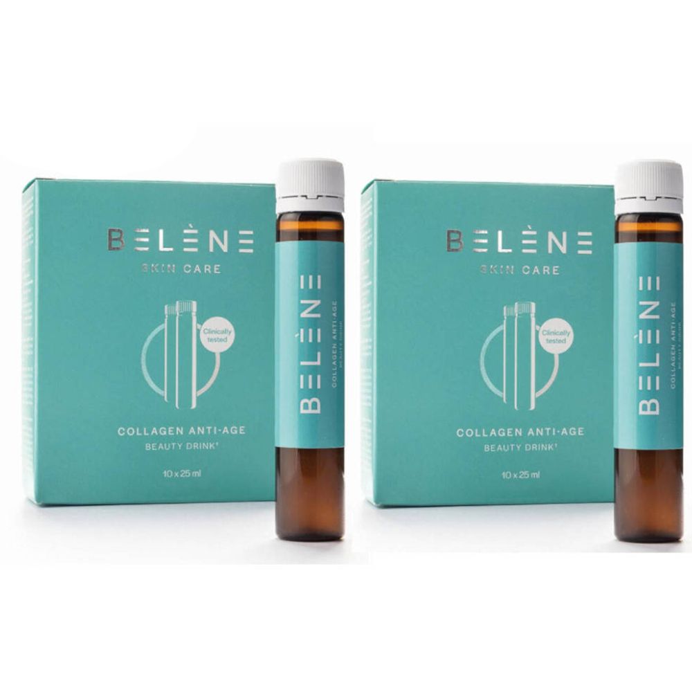 Twee dozen Belène Collagen Anti-Aging Beauty Drink met flesjes. Turquoise dozen met productnaam en flesjes met vloeistof.