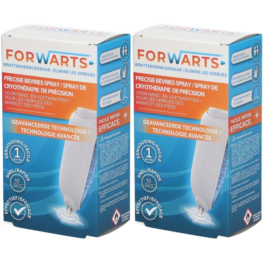 Twee dozen Forwarts. Precisie bevriesspray voor handen en voeten. Opschrift: Snel, eenvoudig en effectief.