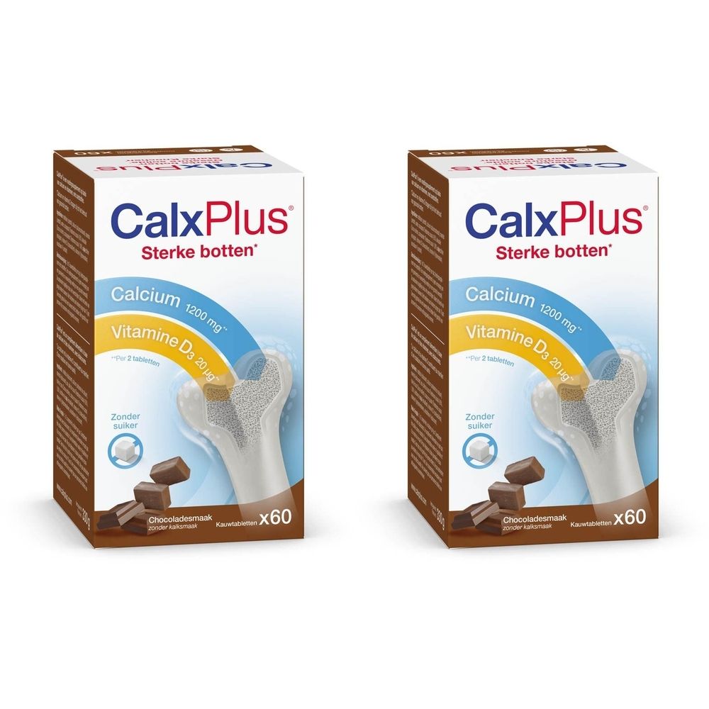 Twee dozen CalxPlus. Opschriften: Calcium, Vitamine D3. 60 tabletten. Stukjes chocolade ernaast.