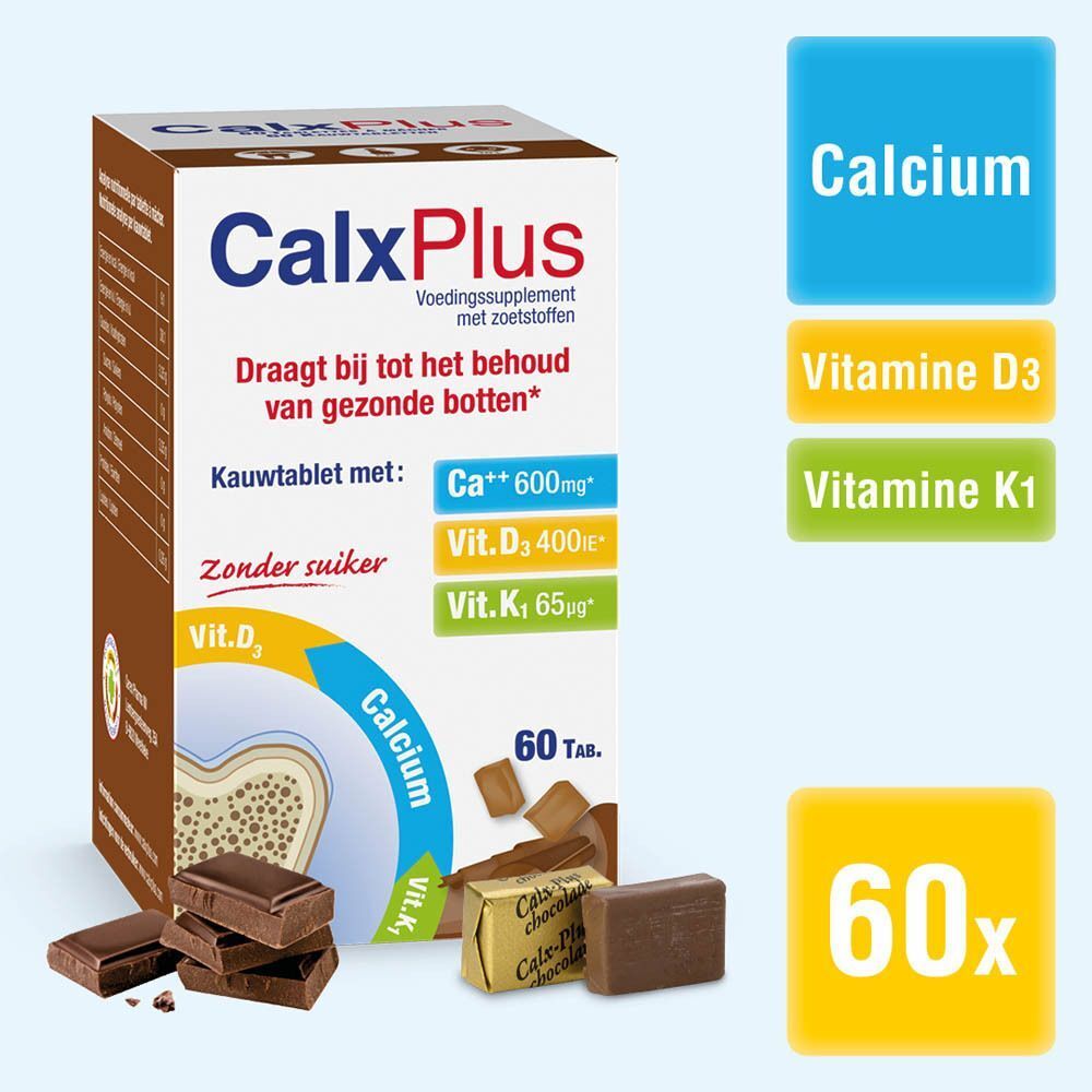 Twee dozen CalxPlus, kauwtabletten met calcium en vitamine D3. Chocoladestukjes ernaast.