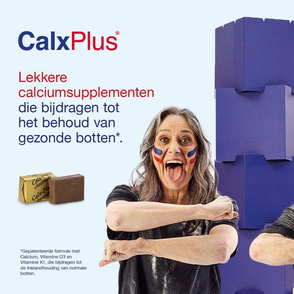 Een doos CalxPlus, kauwtabletten met calcium, vitamine D3 en K1. Chocolade en graphics.