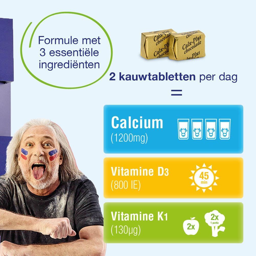 Vrouw met gezichtsbeschildering en tong uit. CalxPlus chocoladeblokjes en blauwe dozen op de achtergrond.