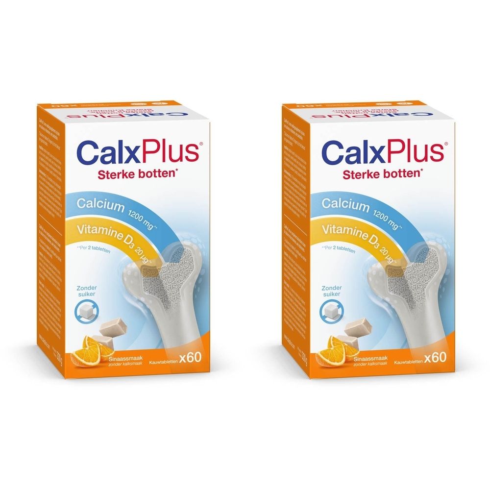 Twee dozen CalxPlus. Oranje dozen met productinformatie en botillustratie. Bevat calcium en vitamine D3.