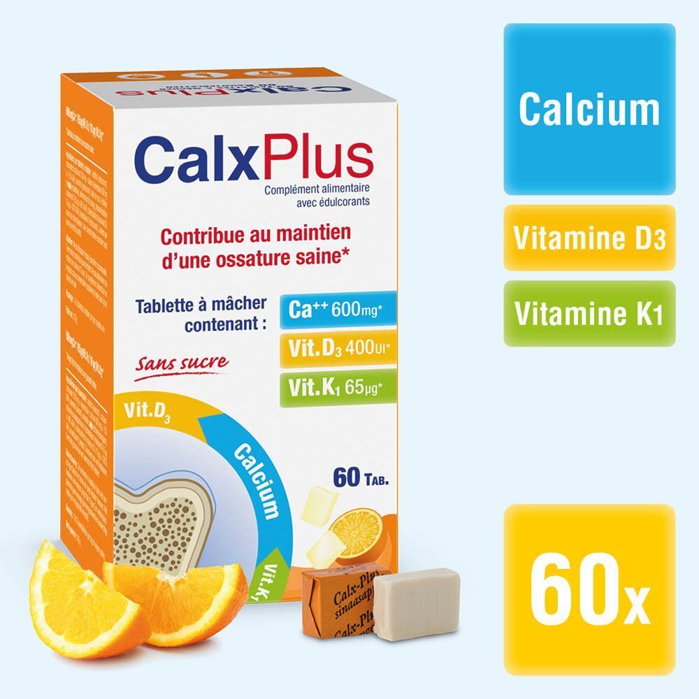 Boîte CalxPlus de 60 comprimés. Contient calcium, vitamine D3 et K1. Avec illustrations d'oranges et de comprimés.