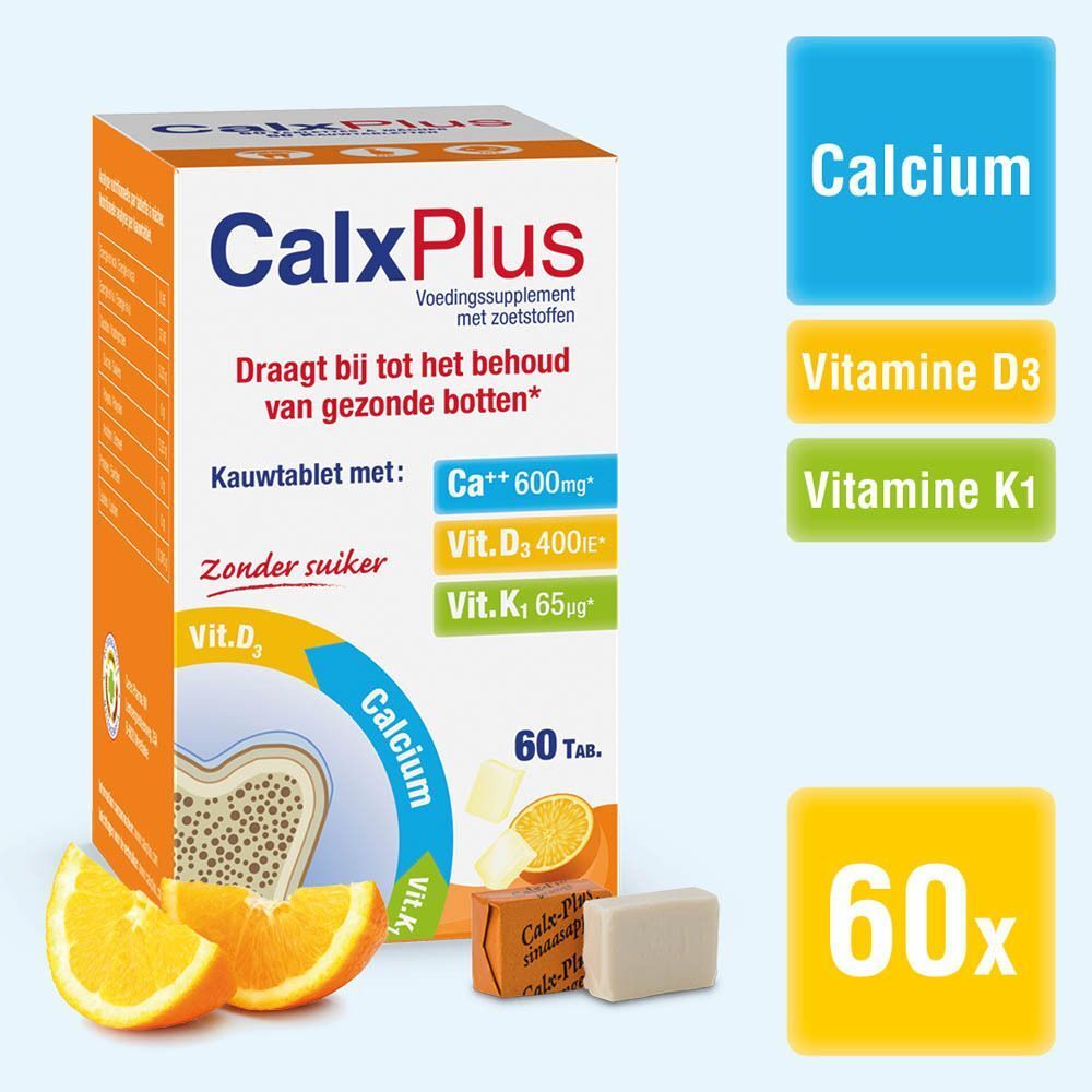 CalxPlus-verpakking met 60 tabletten. Bevat calcium, vitamine D3 en K1. Met sinaasappel- en tablet-afbeeldingen.