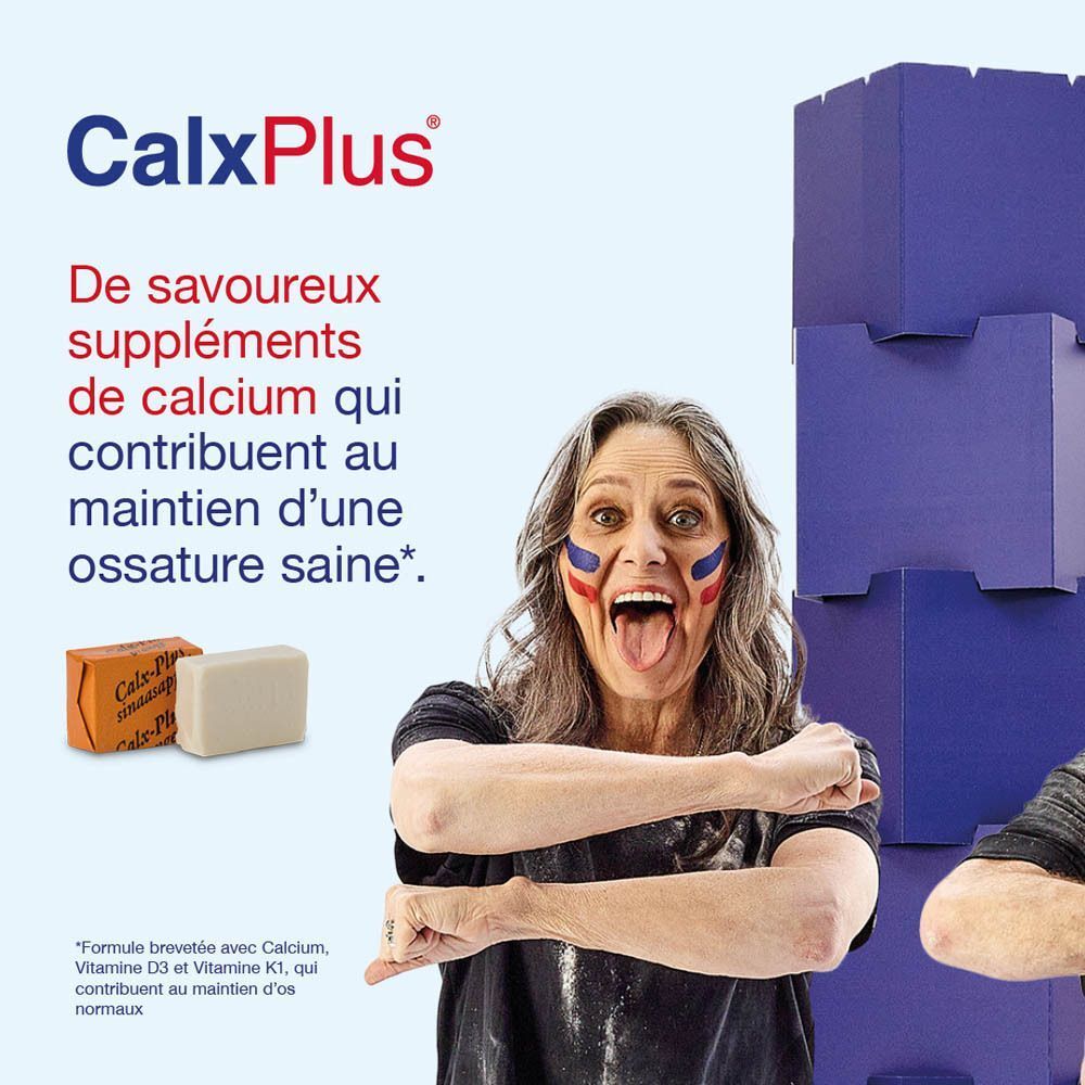 Homme avec joues peintes et langue tirée. Illustration du produit et texte: 2 comprimés à mâcher par jour. Calcium, Vitamine D3, K1.