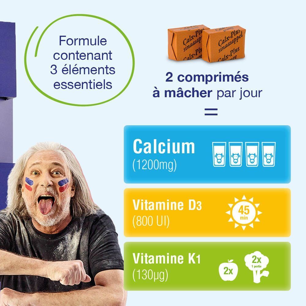 Paquets CalxPlus en quatre saveurs: Fraise, Chocolat, Orange, Vanille. 60 comprimés par paquet.