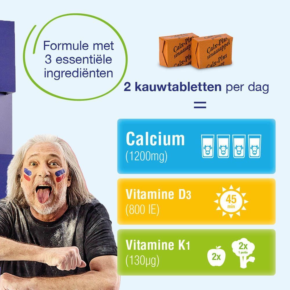 Man met geschilderde wangen en tong uit. Productafbeelding en tekst: 2 kauwtabletten per dag. Calcium, Vitamine D3, K1.