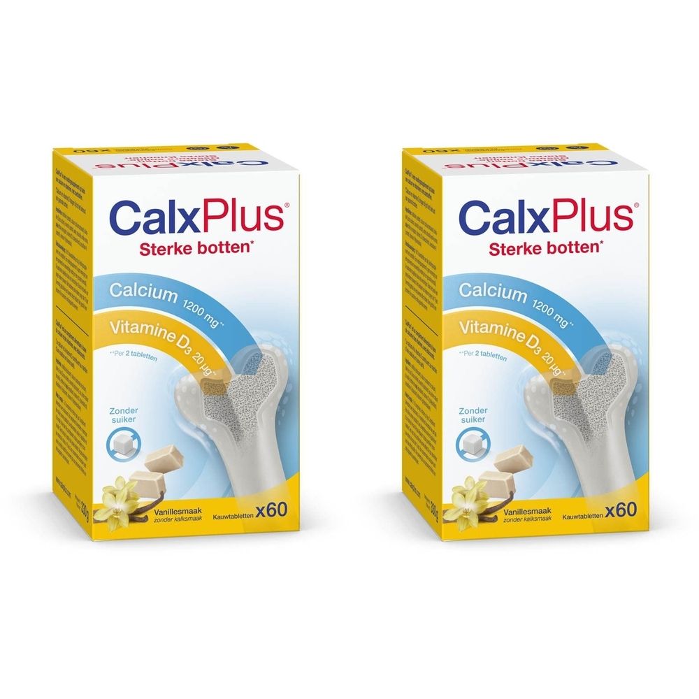 Twee dozen CalxPlus, geel-wit. Opschrift: Calcium, Vitamine D3, 60 tabletten. Afbeelding van een bot en tabletten.