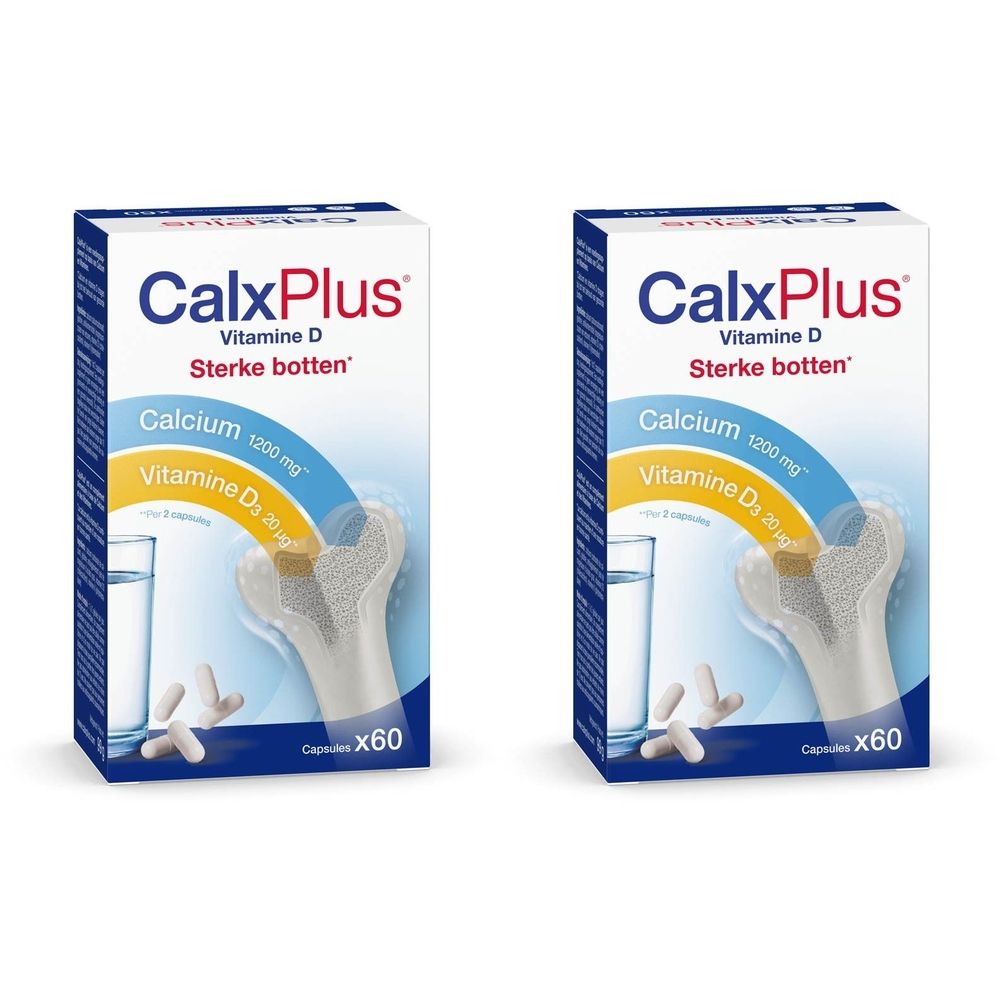 Twee dozen CalxPlus Vitamine D. Opschrift: Calcium 1200 mg, Vitamine D3 20 ug, botillustratie, x60 capsules.