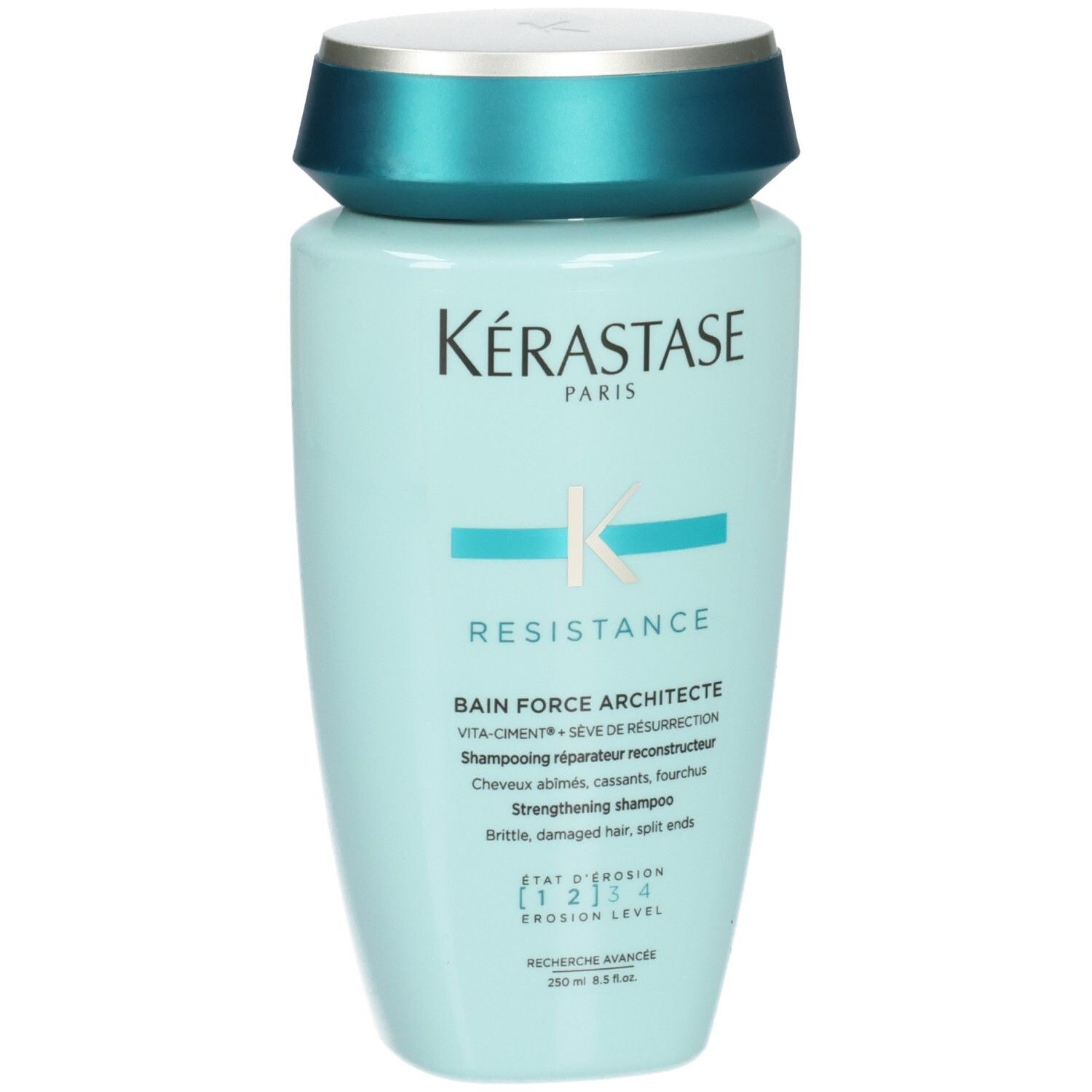 Lichtblauwe Kérastase fles met turkooizen dop. Versterkende shampoo voor beschadigd haar.