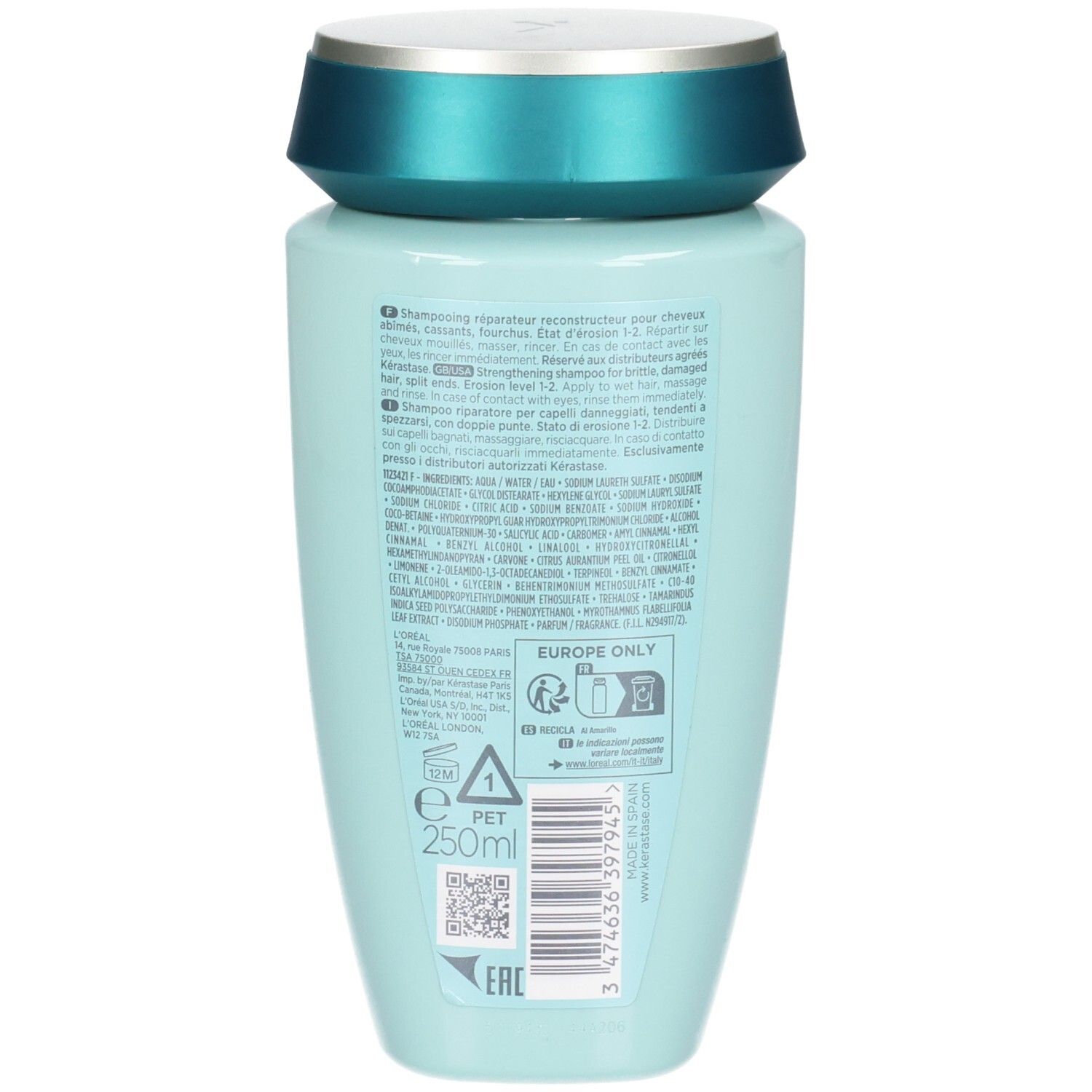 Achterkant van de Kérastase shampoo fles met ingrediënten en 250ml vermelding.