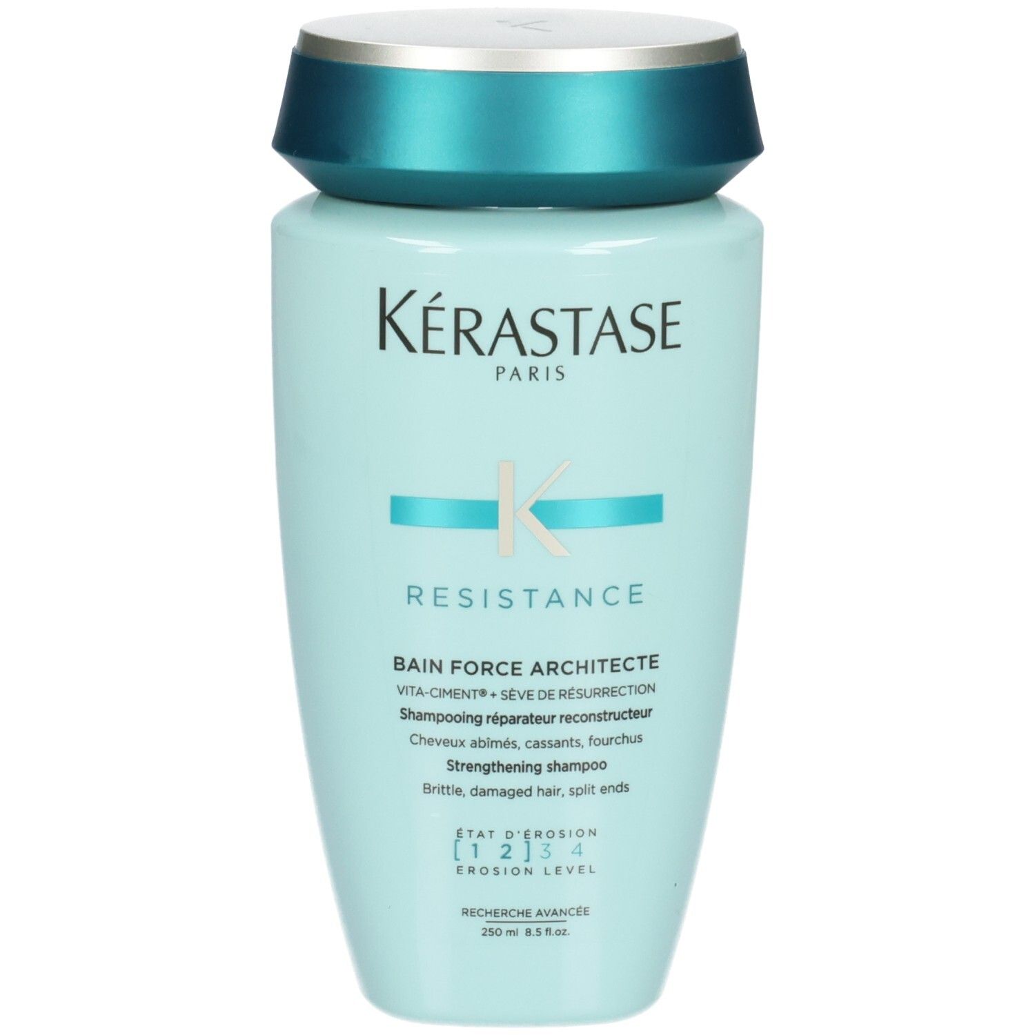 Lichtblauwe Kérastase fles met turkooizen dop. Versterkende shampoo voor beschadigd haar.