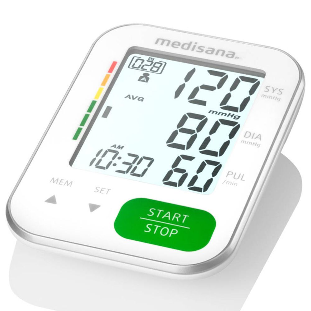 Tensiomètre avec écran. Affiche systole, diastole, pouls et heure. Bouton vert Démarrer/Arrêter.