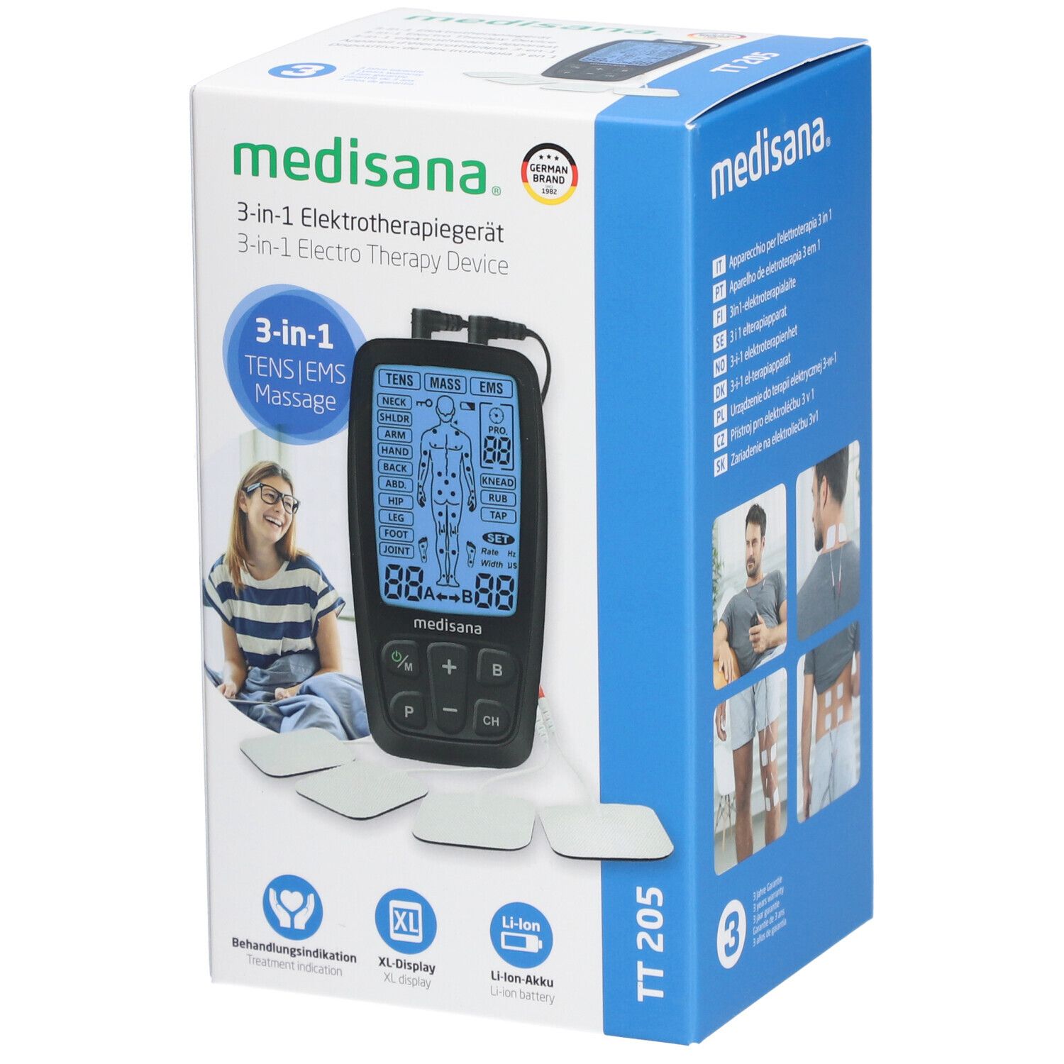Verpakking van het elektrotherapieapparaat. Apparaat, pads, display, knoppen. Merk: medisana. 3-in-1-apparaat. XL-display, Li-Ion-batterij. Product: TT 205.