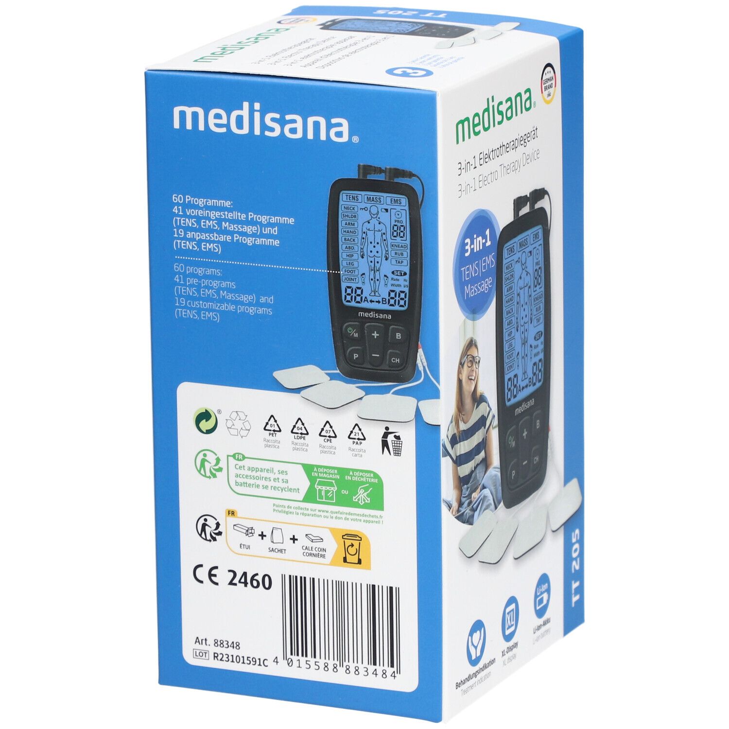 Achterkant van de verpakking van het elektrotherapieapparaat. Apparaat, pads. Merk: medisana. 3-in-1-apparaat. Product: TT 205. Recyclingsymbolen. CE-markering.