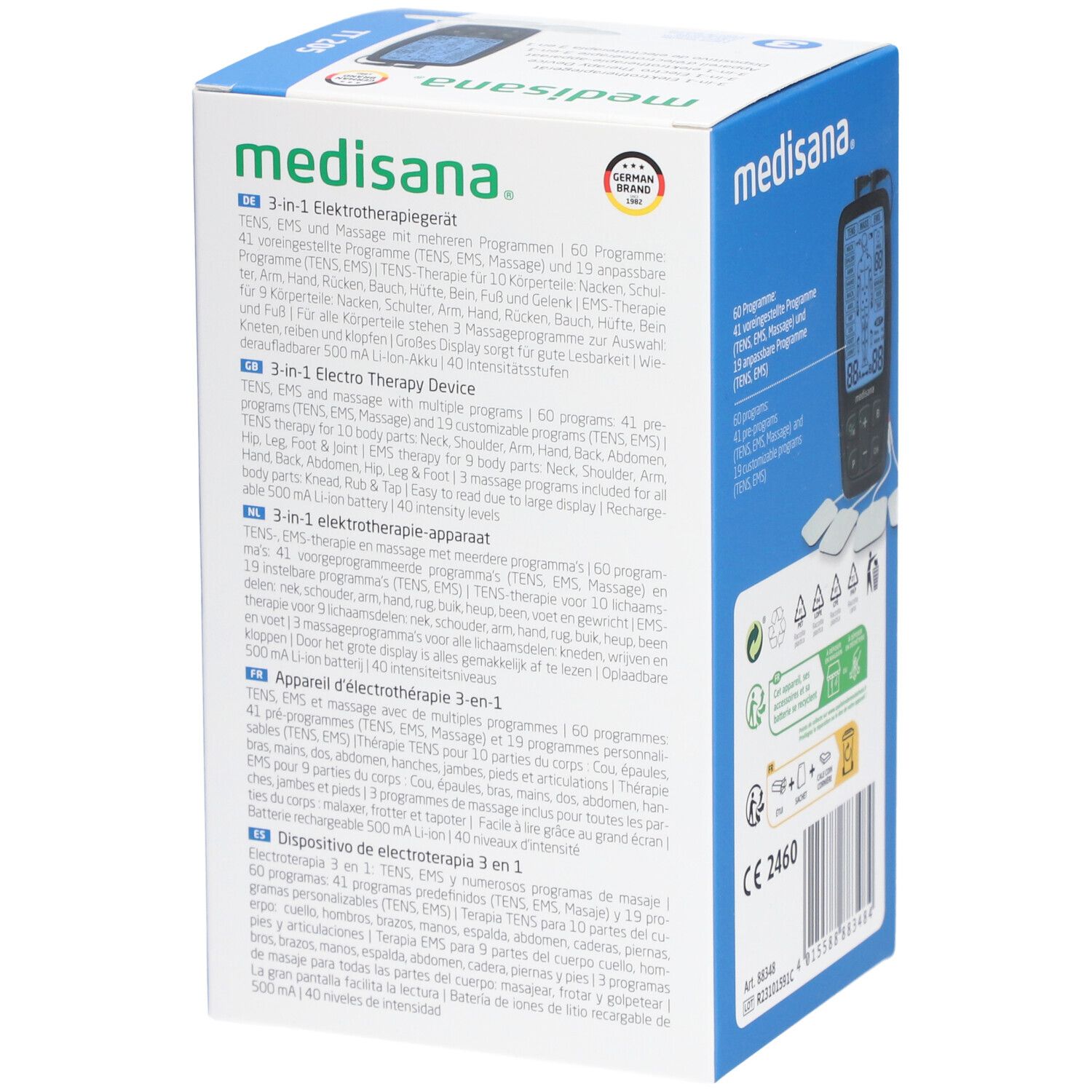 Achterkant van de verpakking van het elektrotherapieapparaat. Apparaat, pads. Merk: medisana. 3-in-1-apparaat. Product: TT 205. CE-markering. Meertalige tekst.