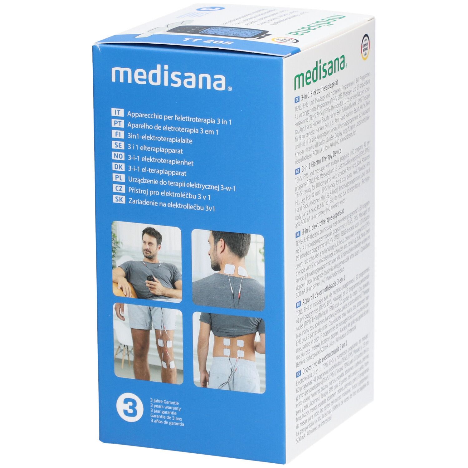 Verpakking van het elektrotherapieapparaat. Apparaat, pads. Merk: medisana. 3-in-1-apparaat. Product: TT 205. Illustraties voor gebruik.
