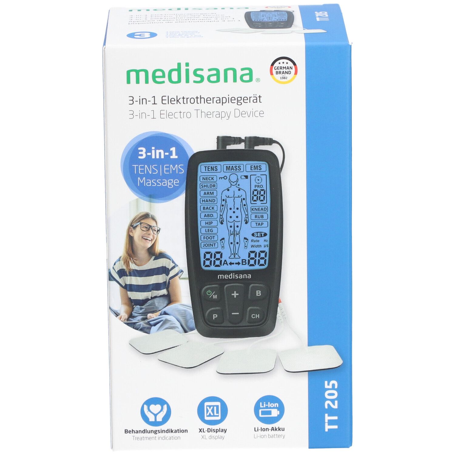 Voorkant van de verpakking van het elektrotherapieapparaat. Apparaat, pads, display, knoppen. Merk: medisana. 3-in-1-apparaat. Product: TT 205. XL-display, Li-Ion-batterij.